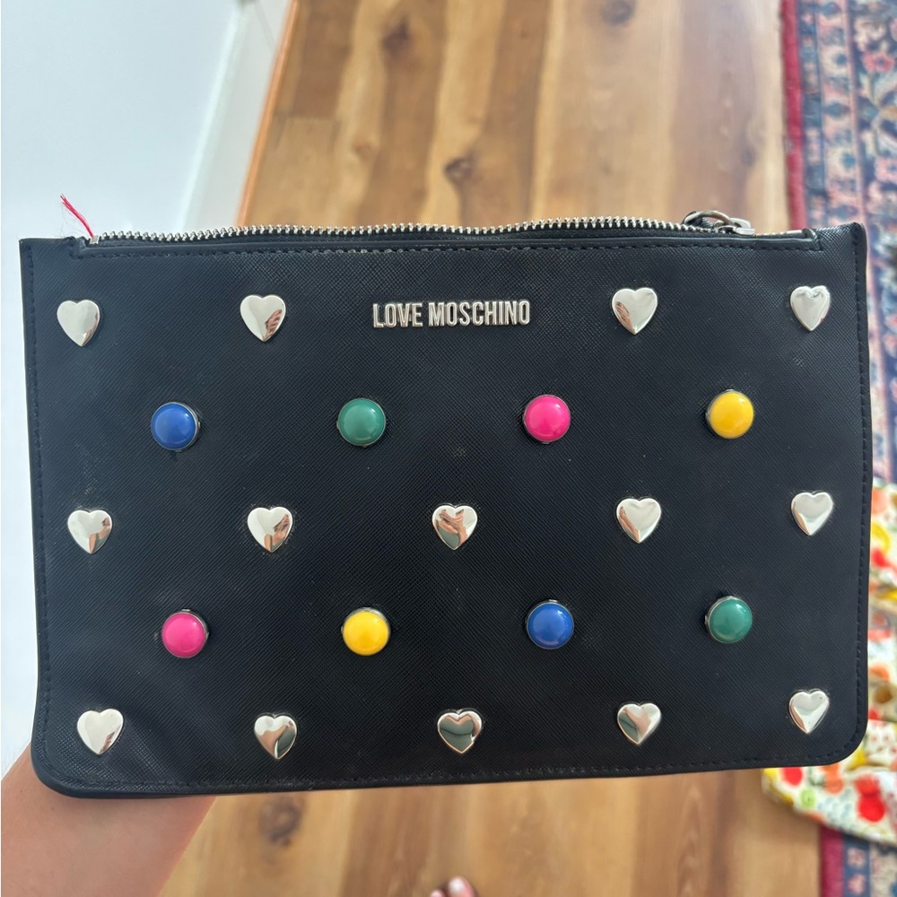Love Moschino Black Clutch with Heart and Colorful Studs